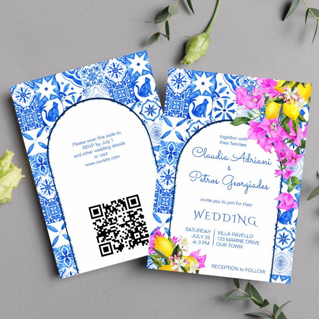 Blue Tiles Bougainvillea Zitronen Hochzeit Einladung (Blue tiles bougainvillea lemons Greek Mediterranean themed wedding invitation template instant)