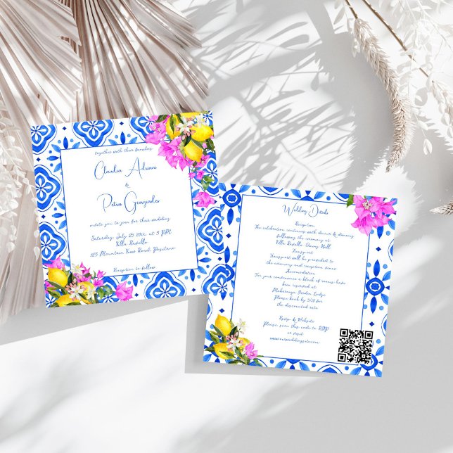 Blue Tiles Bougainvillea Zitronen Hochzeit Einladung (Blue Tiles Bougainvillea lemons elegant wedding all in one Invitation template  instant download)