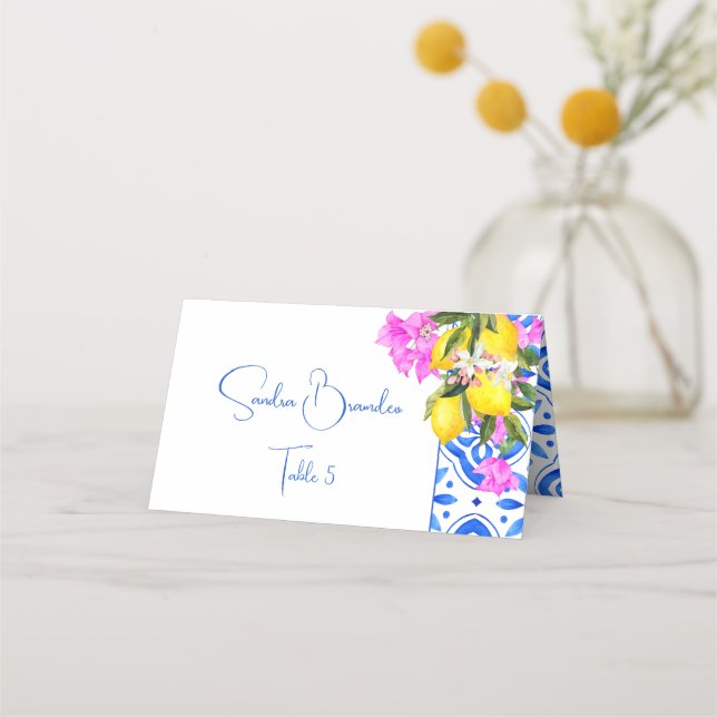 Blue Tiles Bougainvillea Zitronen Hochzeit Platzkarte (Vorderseite)