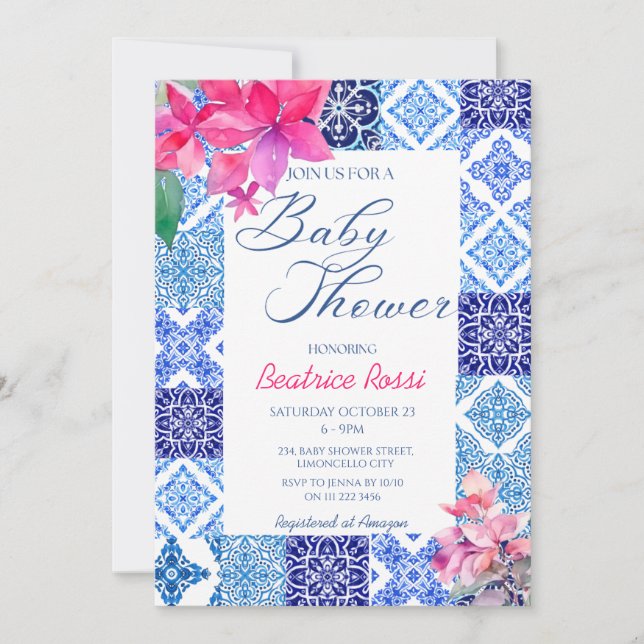 Blue Tiles Floral Amalfi Italienische Babydusche Einladung (Vorderseite)