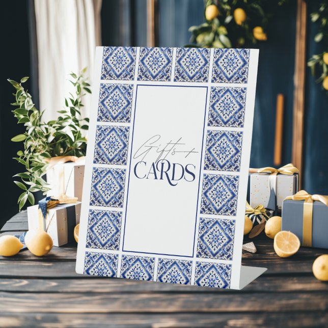 Blue Tiles Gifts Cards Mediterranes Brautparty Sockelschild (Von Creator hochgeladen)