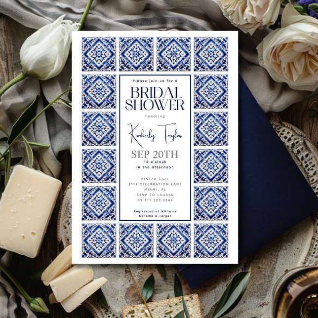 Blue Tiles italienisches Brautparty aus dem Mittel Einladung (Blue Tiles Italian Mediterranean Bridal Shower Invitation)