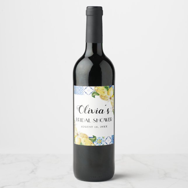 Blue Tiles Lemon Bridal Shower Wine Bottle Label Weinetikett (Vorderseite)