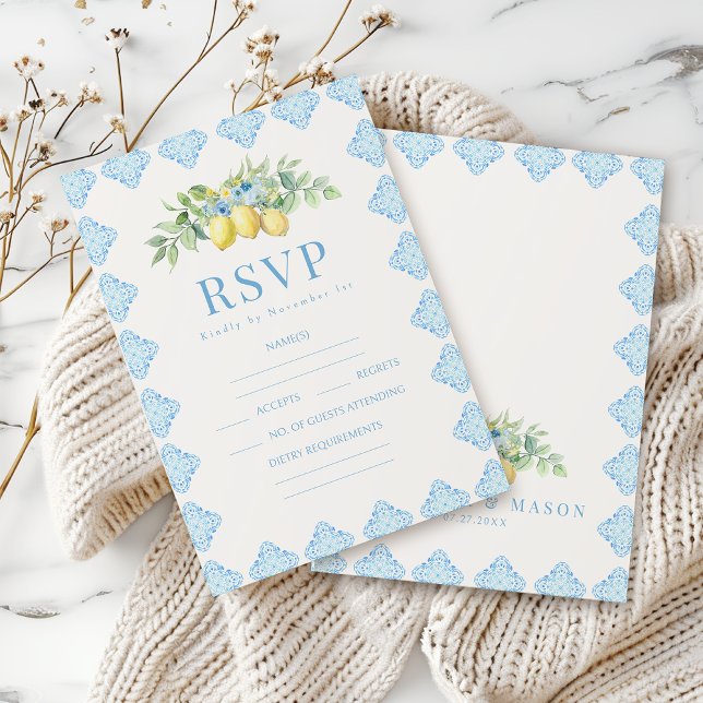 Blue Tiles Lemon Italian Wedding RSVP Karten (Von Creator hochgeladen)