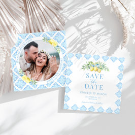 Blue Tiles Lemon Save the Date Foto Einladung