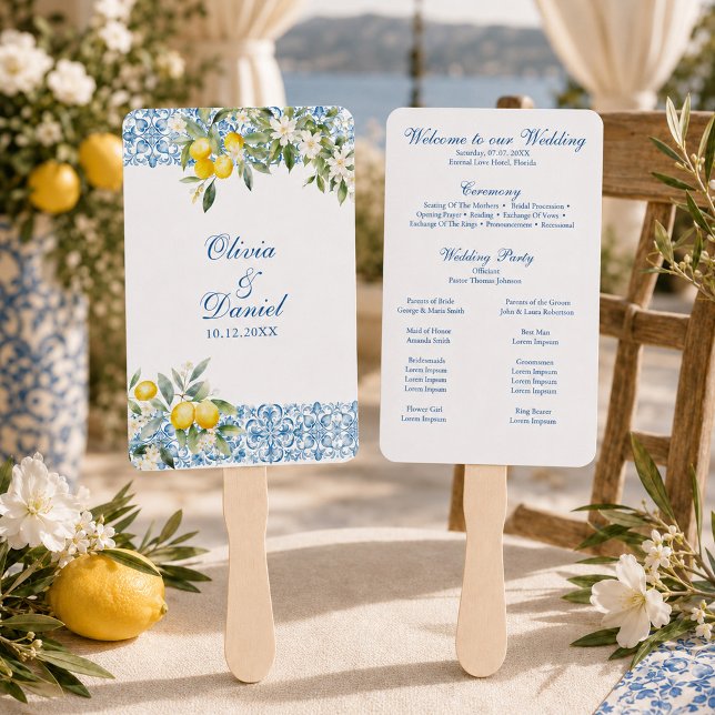 Blue Tiles & Lemon Wedding Programm Fächer (Mediterranean Lemon Wedding Program Fan)