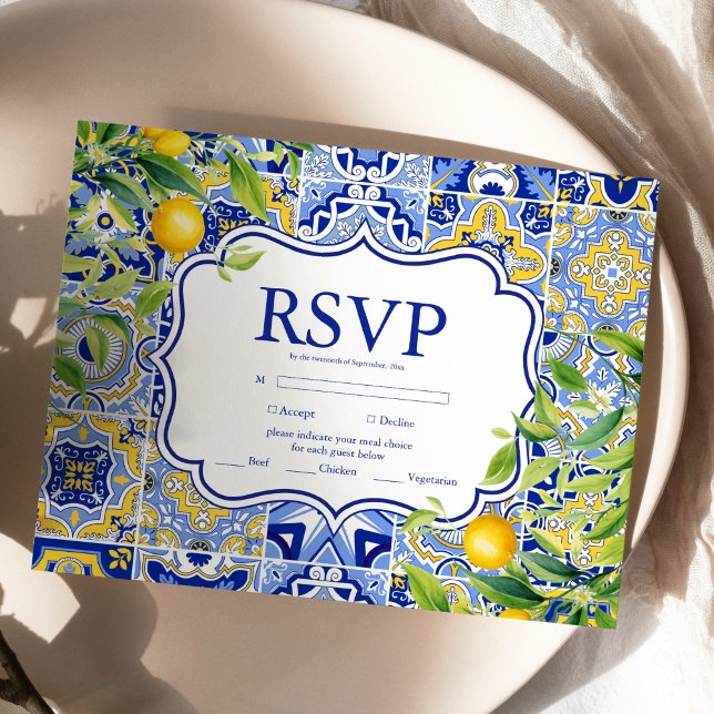 Blue tiles Lemons Wedding RSVP Karte (Von Creator hochgeladen)