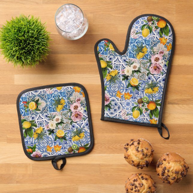 Blue tiles Mediterranean Floral  Ofenhandschuh & Topflappen-Set (Oben Unten)