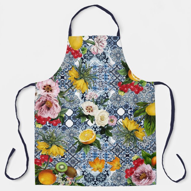 Blue tiles Mediterranean Floral  Schürze (Vorderseite)