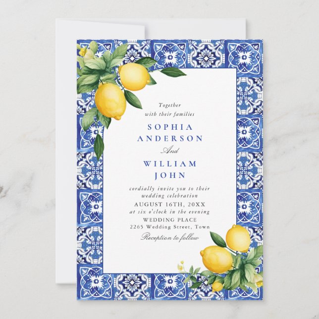 Blue Tiles Wedding Lemons Einladung (Vorderseite)