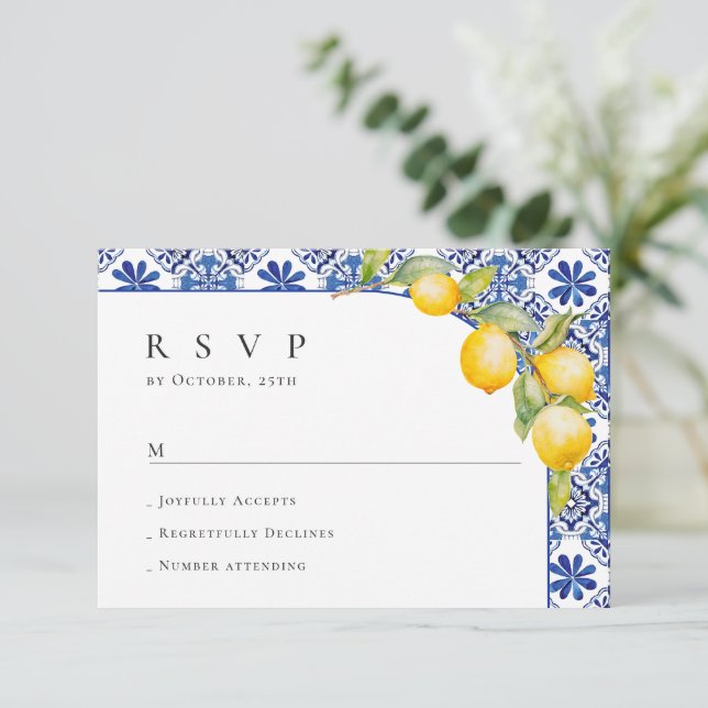 Blue Tiles Wedding Lemons RSVP Karte (Stehend Vorderseite)