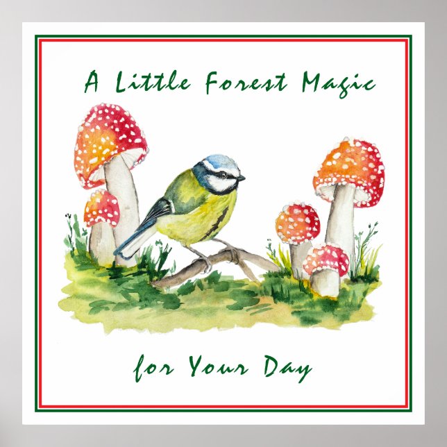 Blue Tit and Fly Agaric Watercolor Poster (Vorne)