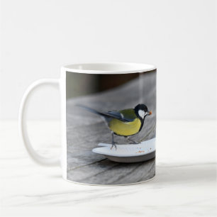 Blue Tit Fütternd einer Kuchenplatte Kaffeemaschin Kaffeetasse