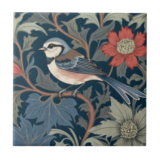 Blue Tit William Morris Stil Links gegenüber Bird Fliese (Vorderseite)