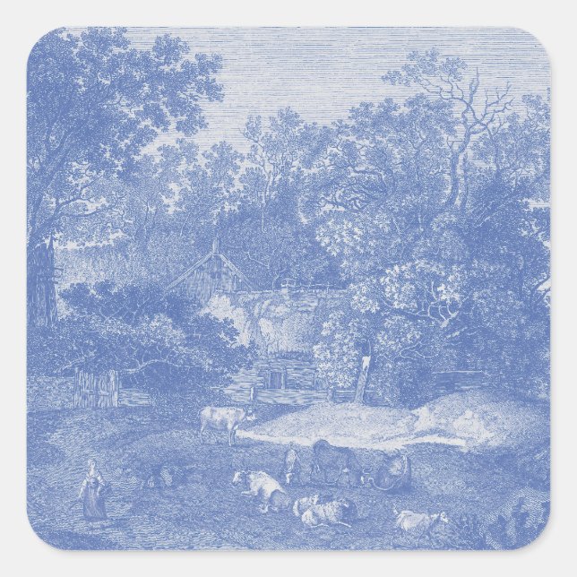 Blue Toil de Jouy French Country Shabby Elegance Quadratischer Aufkleber (Vorderseite)