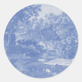 Blue Toil de Jouy French Country Shabby Elegance Runder Aufkleber