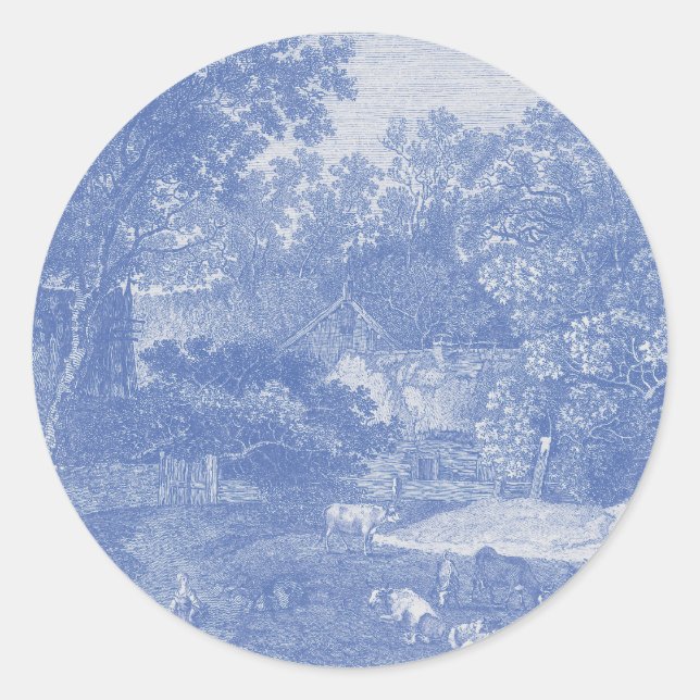 Blue Toil de Jouy French Country Shabby Elegance Runder Aufkleber (Vorderseite)