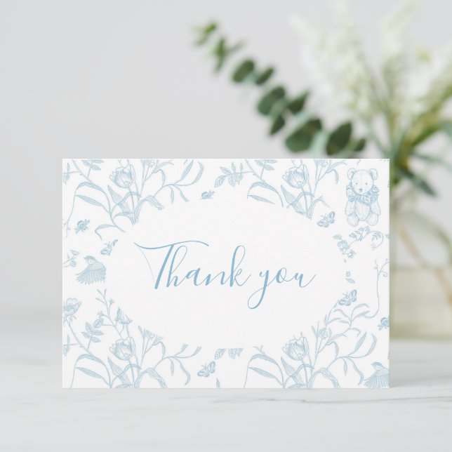 Blue Toile Bear Baby Shower Boy Danke Karte (Stehend Vorderseite)