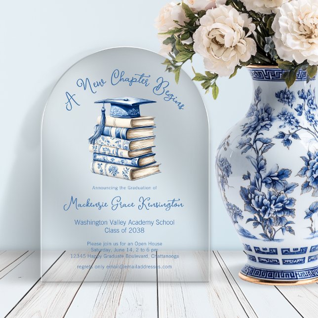 Blue Toile Books Coquette Neues Kapitel Abschluss Acryleinladungen (Blue Toile Books Coquette New Chapter Graduation Acrylic Invitations)