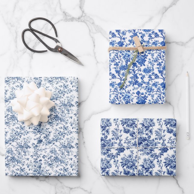 Blue Toile Bouquet 3 Geschenkpapier Set (Vorderseite)