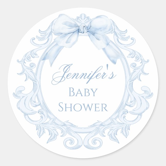 Blue Toile Bow Frame Chic Baby Boy Shower Runder Aufkleber (Vorderseite)