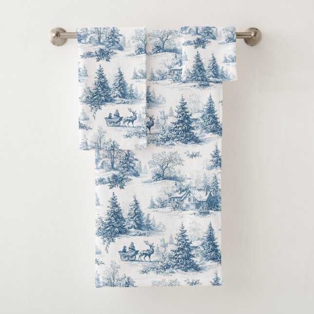 Blue Toile Christmas Pattern  Badhandtuch Set (Insitu)