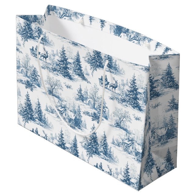Blue Toile Christmas Pattern  Große Geschenktüte (Rückseite Schrägansicht)