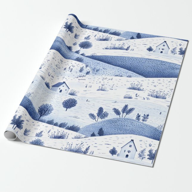 Blue Toile Countryside Scene (6) Geschenkpapier (Ungerollt)