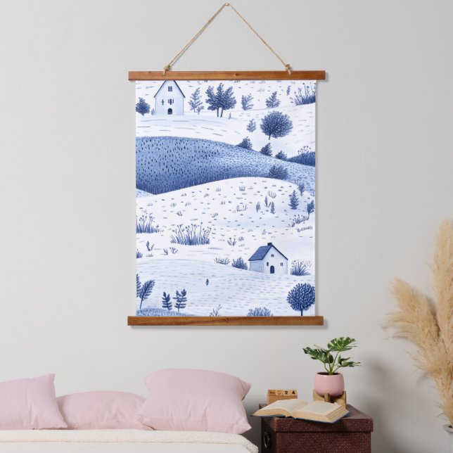 Blue Toile Countryside Scene (6) Wandteppich Mit Holzrahmen (Schlafzimmer)