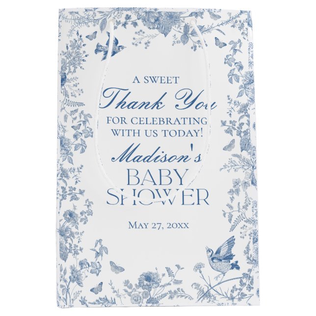 Blue Toile De Jouy Baby Shower Favoriten Mittlere Geschenktüte (Vorderseite)