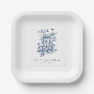 Blue Toile De Jouy Blumennamen Datum Hochzeit Pappteller