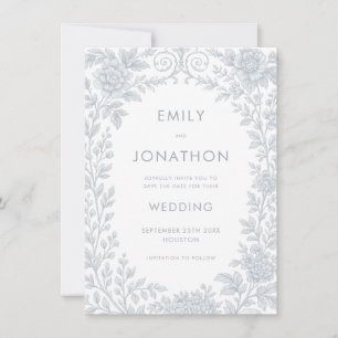 Blue Toile De Jouy Border Wedding Save the Date Einladung