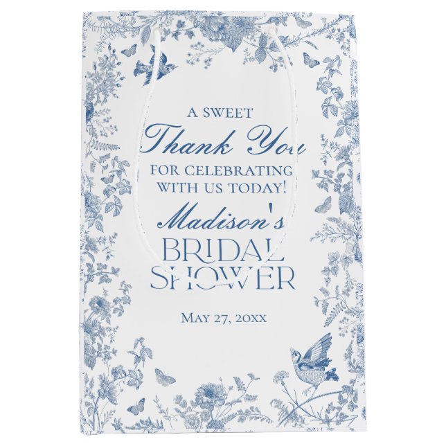 Blue Toile De Jouy Brautparty Favoriten Mittlere Geschenktüte (Vorderseite)