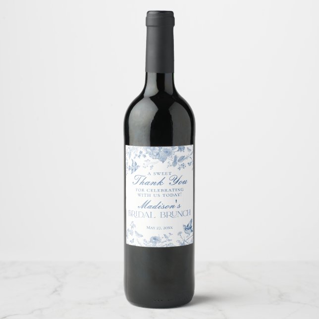 Blue Toile De Jouy Bridal Brunch Favoriten Weinetikett (Vorderseite)