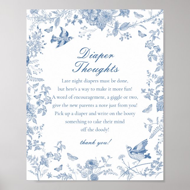 Blue Toile De Jouy Diaper Gedanken Kinderdusche Poster (Vorne)