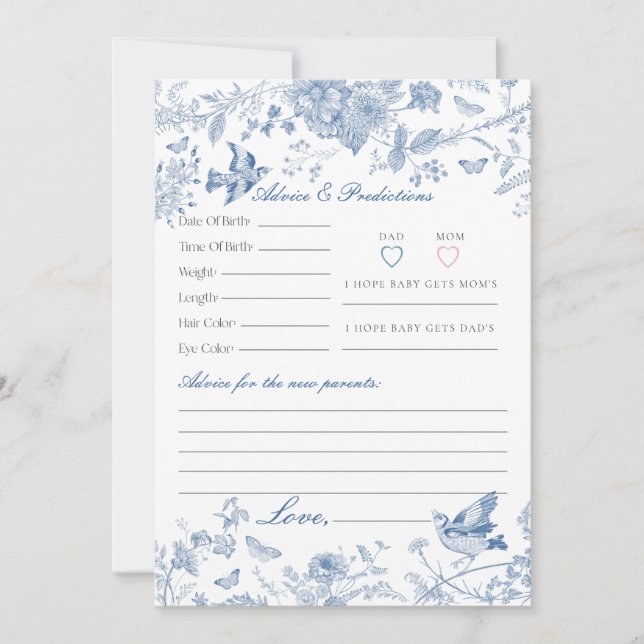 Blue Toile De Jouy Floral Advice for Baby Card Einladung (Vorderseite)