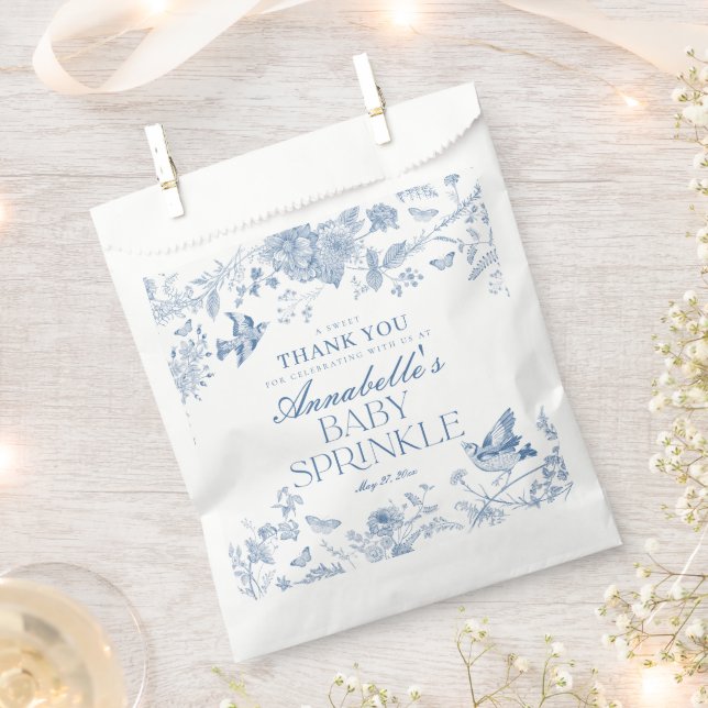 Blue Toile De Jouy Floral Baby Sprinkle Dessert Geschenktütchen (Ausgeschnitten)