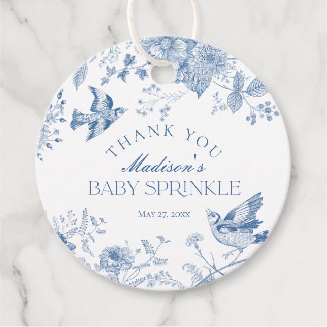 Blue Toile De Jouy Floral Baby Sprinkle Gefallen Geschenkanhänger (Vorderseite)