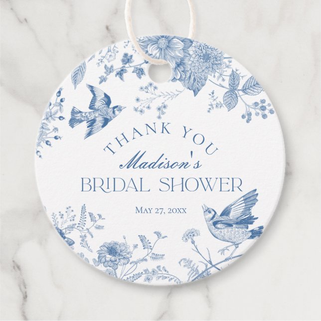 Blue Toile De Jouy Floral Brautparty Gevor Geschenkanhänger (Vorderseite)