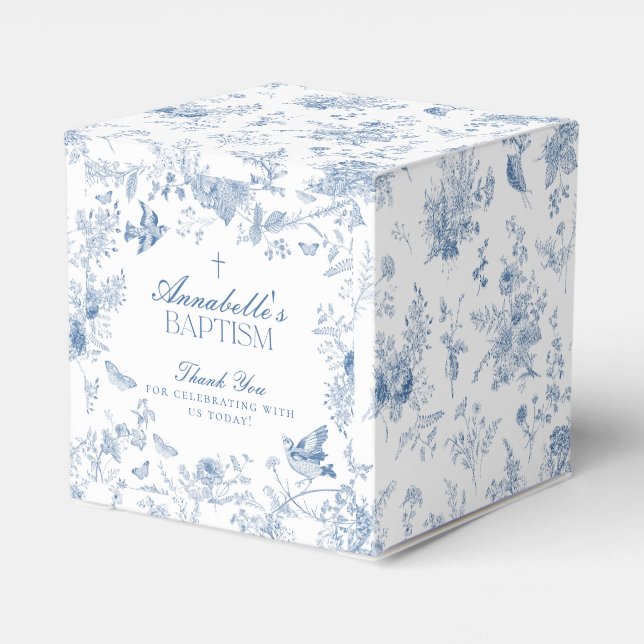 Blue Toile De Jouy Floral Taufe Gefälligkeitsboxen Geschenkschachtel (Rückseite)