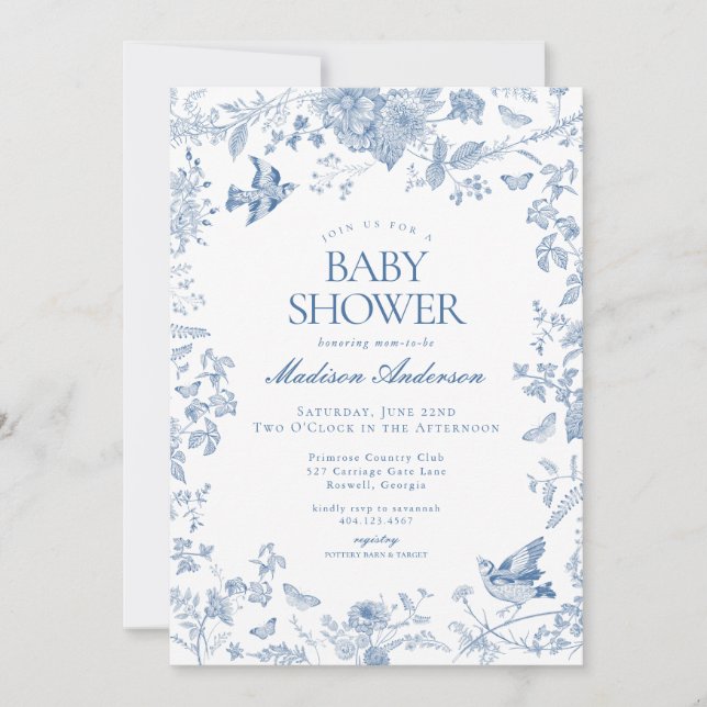 Blue Toile De Jouy French Floral Baby Dusche Einladung (Vorderseite)