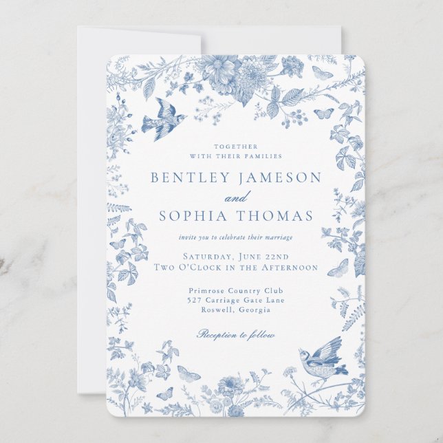 Blue Toile De Jouy French Floral Wedding Einladung (Vorderseite)