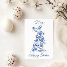 Blue Toile De Jouy Happy Oaster Grußkarte