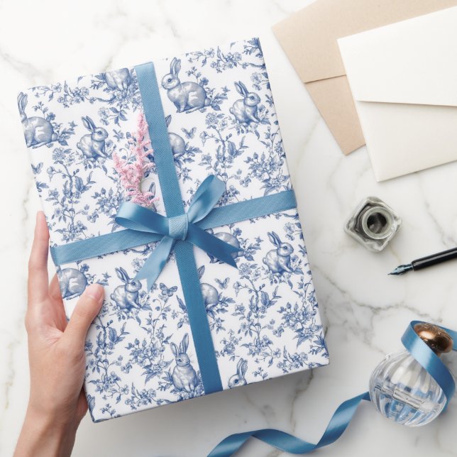 Blue Toile De Jouy Osterhase Geschenkpapier (Schenken)