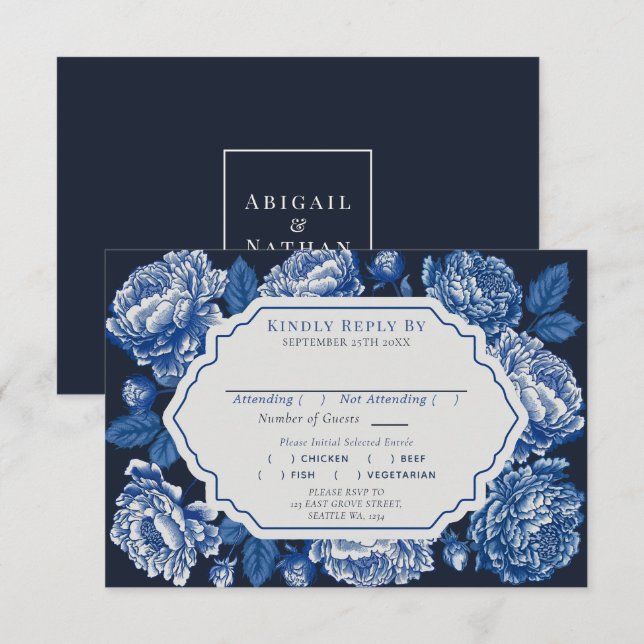 Blue Toile De Jouy Peony Wedding RSVP Begleitkarte (Vorne/Hinten)
