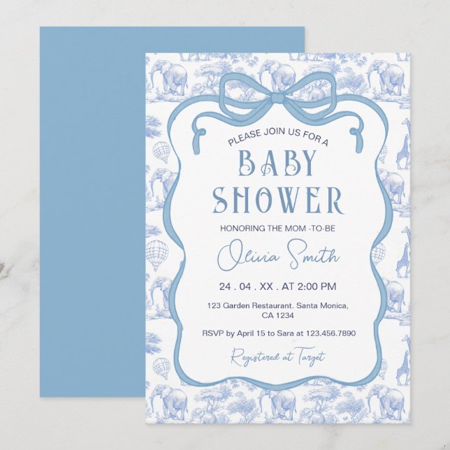 Blue Toile De Jouy Safari Animals Bow Baby Dusche Einladung (Vorne/Hinten)