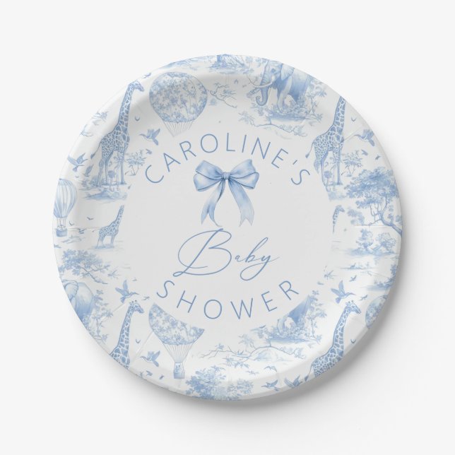 Blue Toile de Jouy Safari Baby Shooting Paper Tell Pappteller (Vorderseite)
