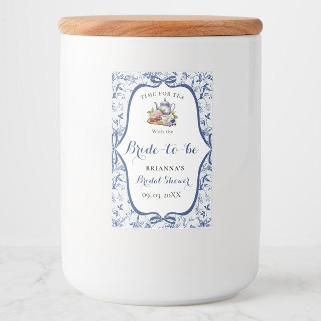 Blue Toile de jouy Tee Party Brautparty Lebensmitteletikett (Vorderseite)