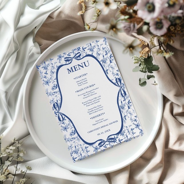 Blue Toile de jouy Tee Party Brautparty Party Menükarte (Von Creator hochgeladen)