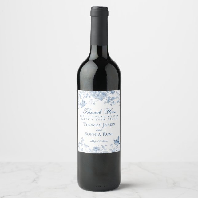 Blue Toile De Jouy Wedding Party - Favoriten Weinetikett (Vorderseite)